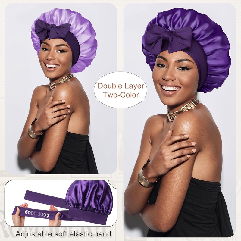 CHLINS Satin Bonnet Silk Bonnet for Sleeping Silk Sleep Cap Double Layer Hair Bonnet with Elastic Tie Band for Curly Hair Night Cap - Image 2